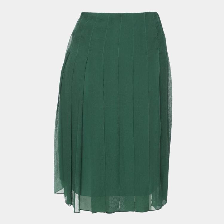 Pre Owned Prada Green Silk Pleated Mini Skirt S