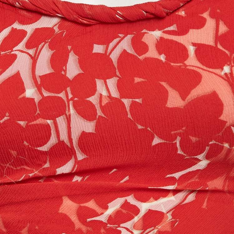 Pre Owned Prada Red Printed Silk Sleeveless Midi Dress M