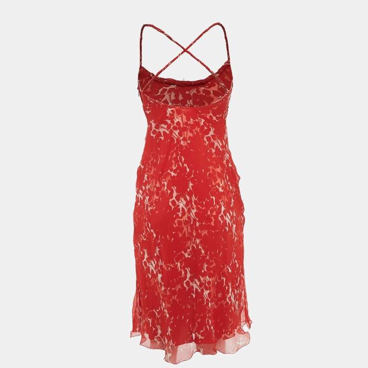 Pre Owned Prada Red Printed Silk Sleeveless Midi Dress M