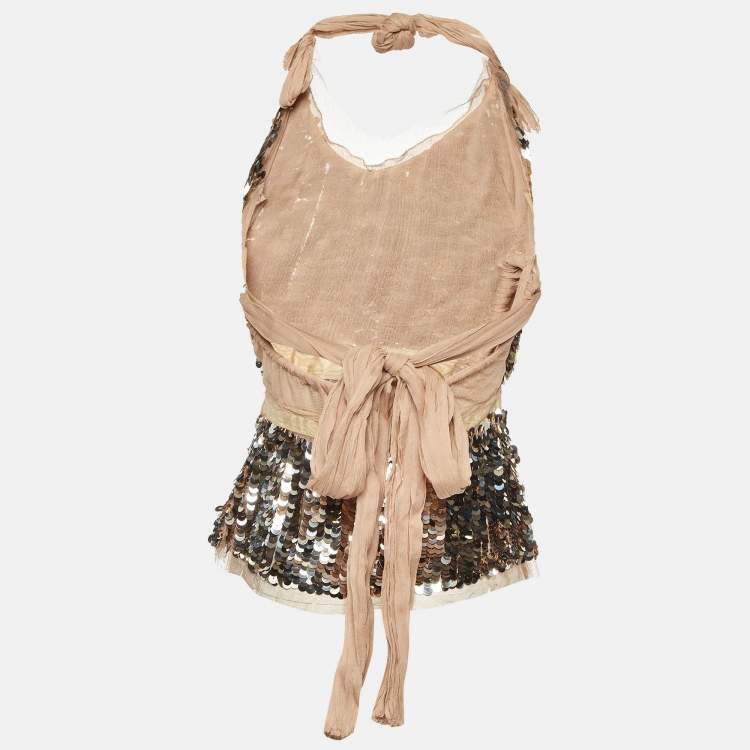 Pre Owned Prada Pink Sequin Embellished Halter Neck Top S