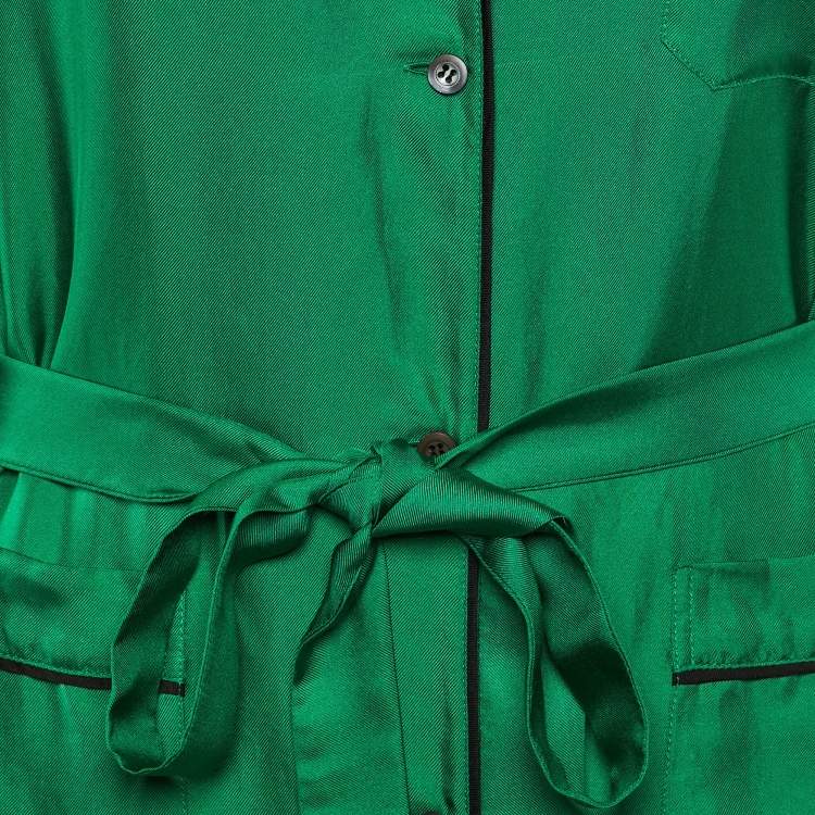 Pre Owned Prada Green Satin Silk Button Front Belted Long Dress S