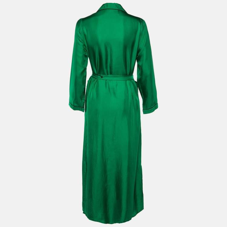 Pre Owned Prada Green Satin Silk Button Front Belted Long Dress S