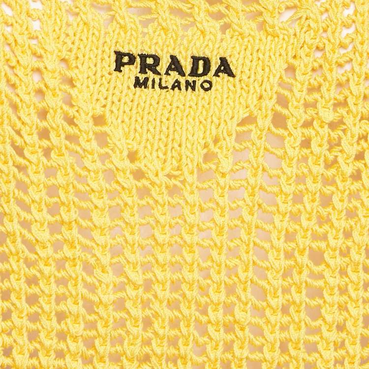Pre Owned Prada Yellow Logo Pattern Crochet Sheer Crop Top S