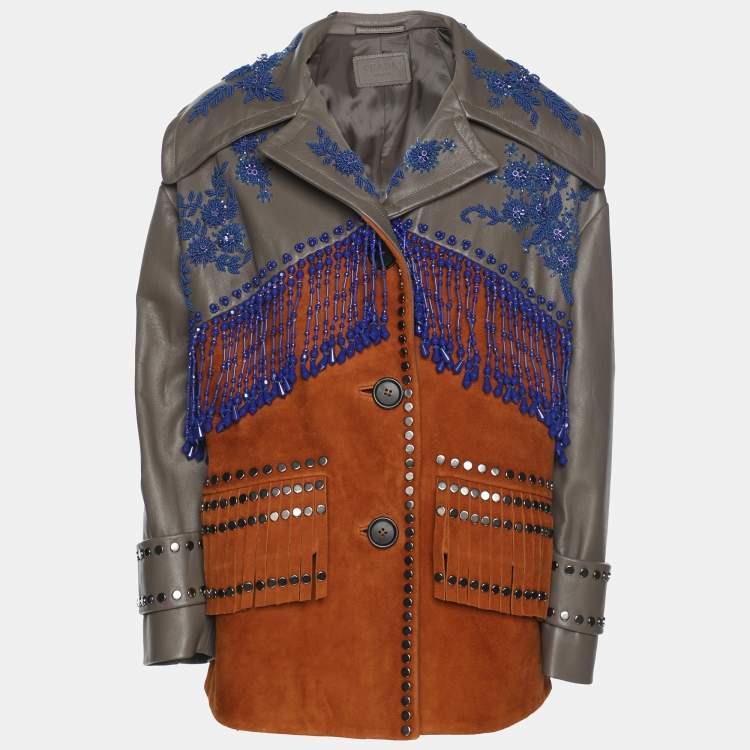 Pre Owned Prada Grey/Brown Leather and Suede Embellished Jacket XS