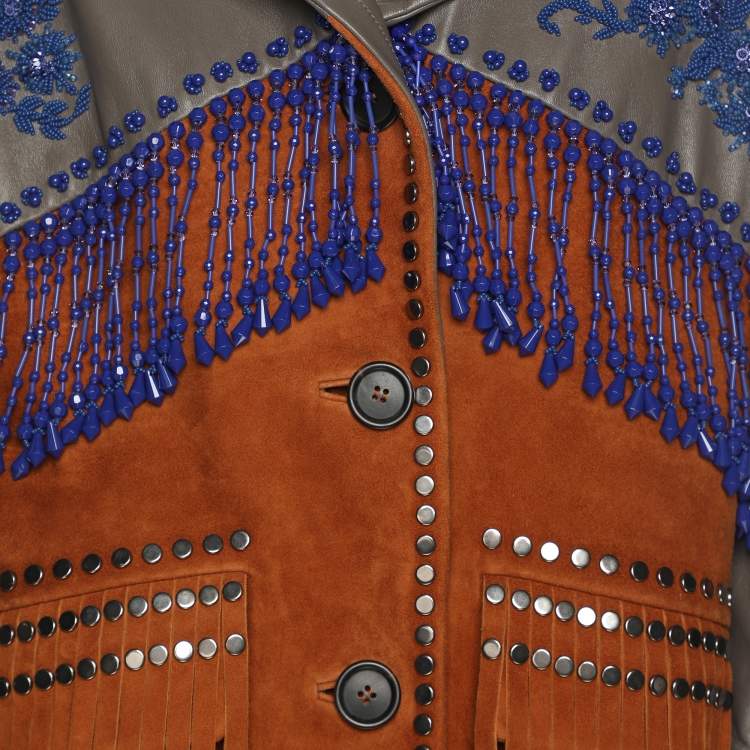 Pre Owned Prada Grey/Brown Leather and Suede Embellished Jacket XS