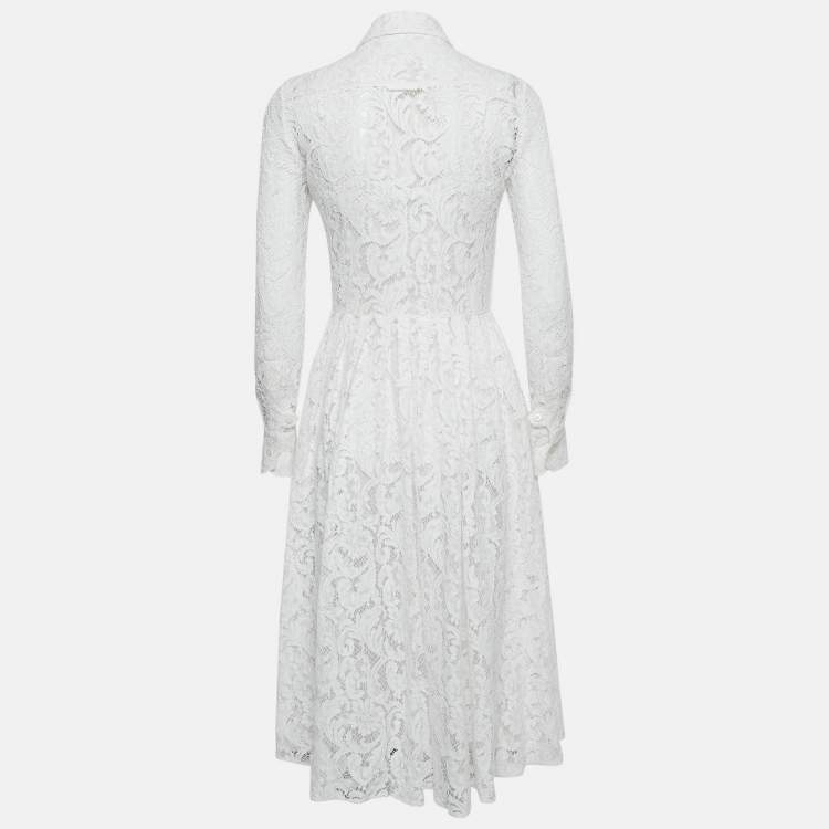 Pre Owned Prada White Lace Button Front Pleated Midi Dress S