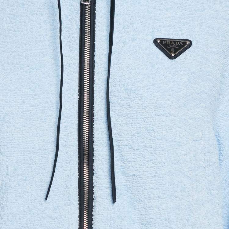 Pre Owned Prada Blue Terry Cotton Logo Plaque Hooded Jacket S