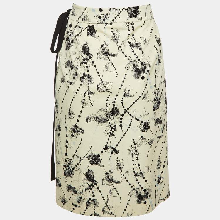 Pre Owned Prada White Printed Cotton Midi Wrap Skirt S/M