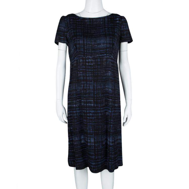 Pre Owned Prada Blue and Black Printed Short Sleeve Sheath Dress M
