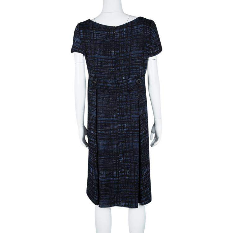 Pre Owned Prada Blue and Black Printed Short Sleeve Sheath Dress M