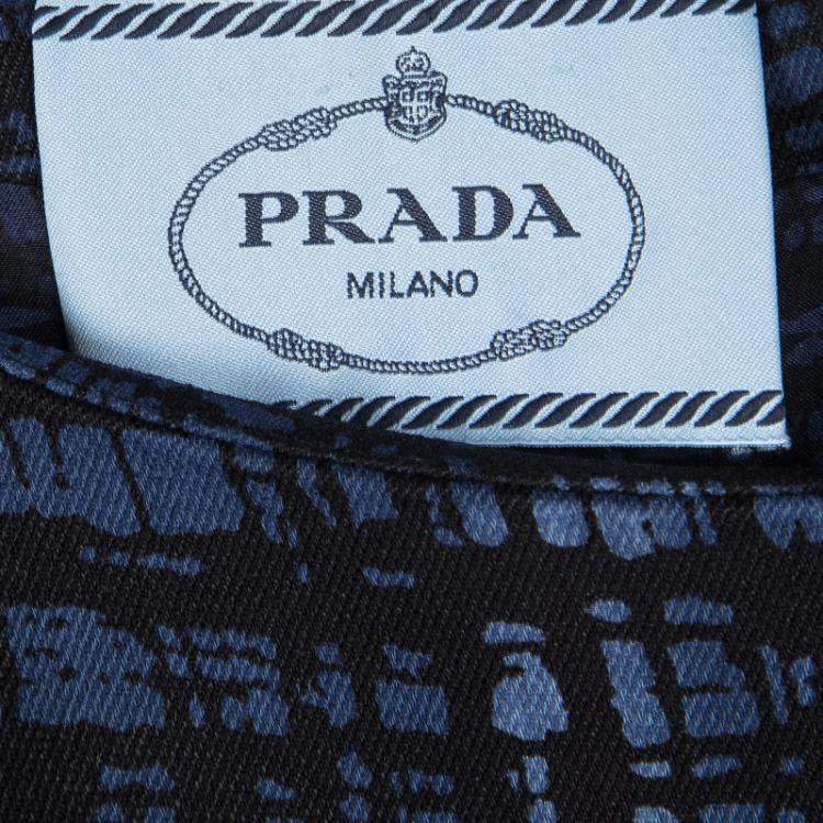 Pre Owned Prada Blue and Black Printed Short Sleeve Sheath Dress M