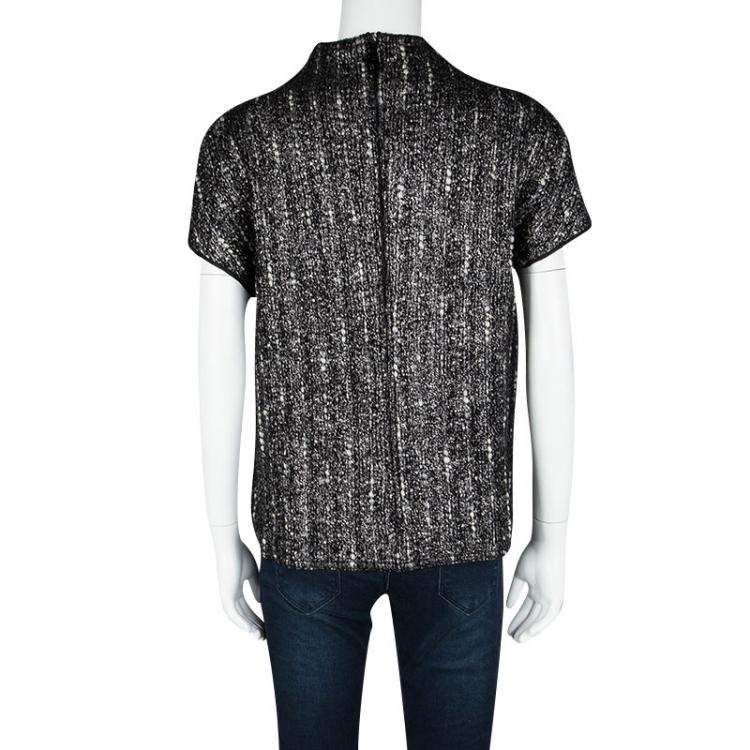Pre Owned Prada Black and Grey Textured Wool Embellished High Neck Short Sleeve Top L
