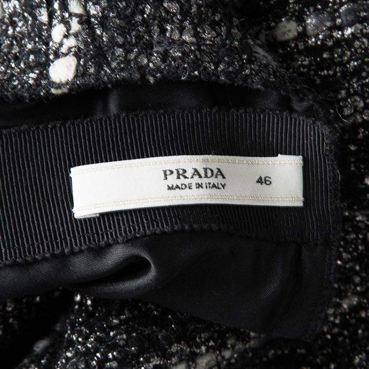 Pre Owned Prada Black and Grey Textured Wool Embellished High Neck Short Sleeve Top L