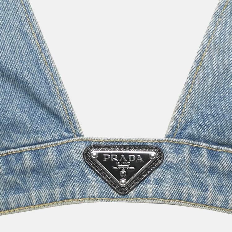 Pre Owned Prada Blue Denim Logo Plaque Bralette Top M