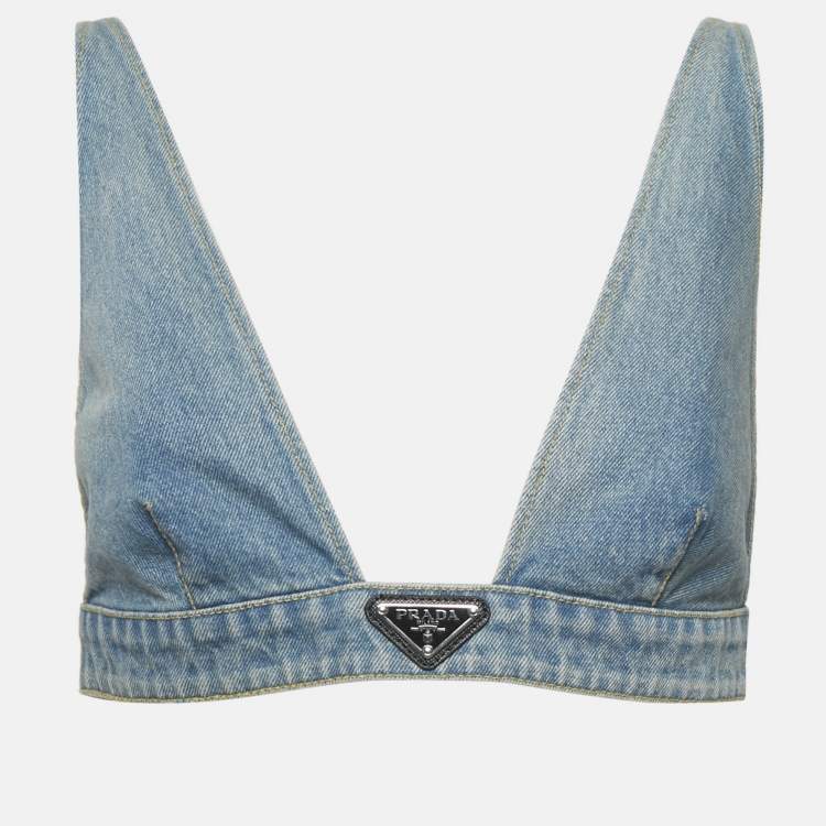 Pre Owned Prada Blue Denim Logo Plaque Bralette Top M