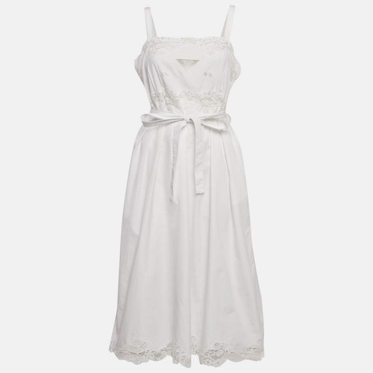 Pre Owned Prada White Cotton Lace Detail Sleeveless Belted Midi Dress L