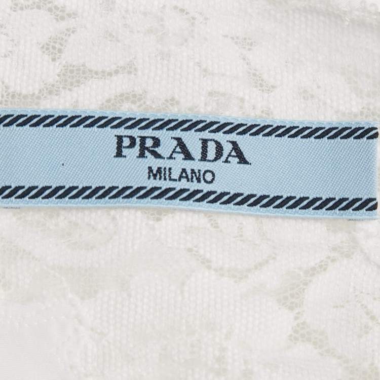 Pre Owned Prada White Cotton Lace Detail Sleeveless Belted Midi Dress L