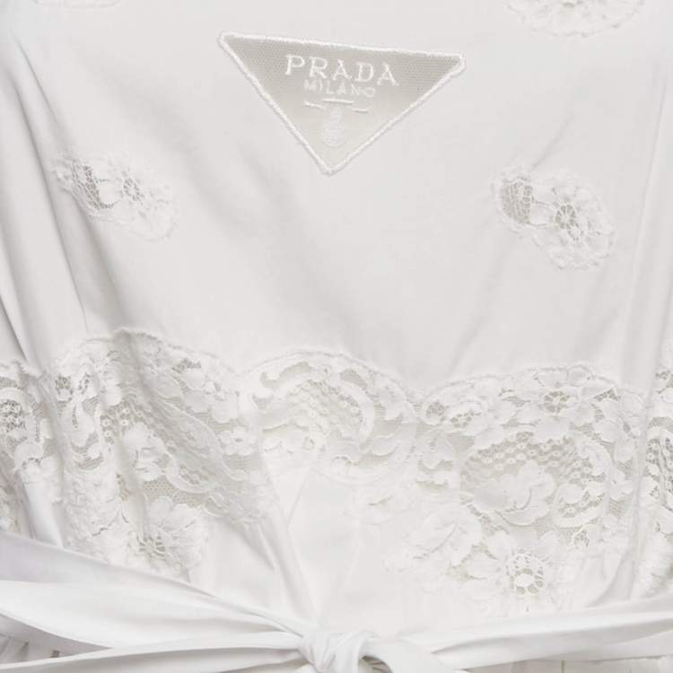 Pre Owned Prada White Cotton Lace Detail Sleeveless Belted Midi Dress L