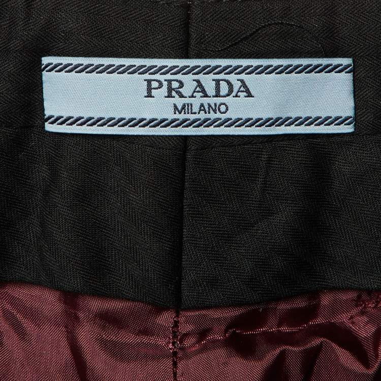 Pre Owned Prada Grey/Burgundy Checked Wool Cuffed Hem Trousers M
