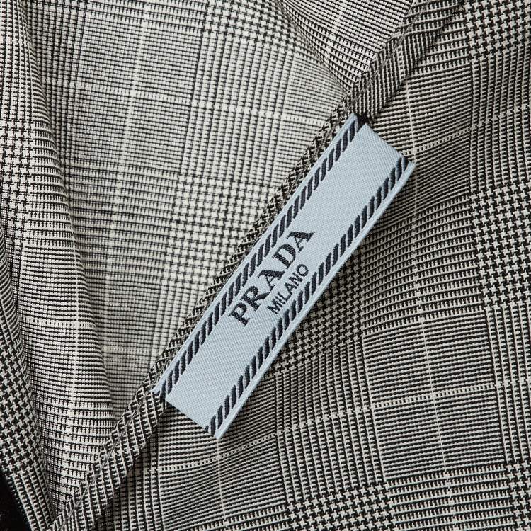 Pre Owned Prada Grey Checked Wool Feather Trim Pleated Wrap Dress L