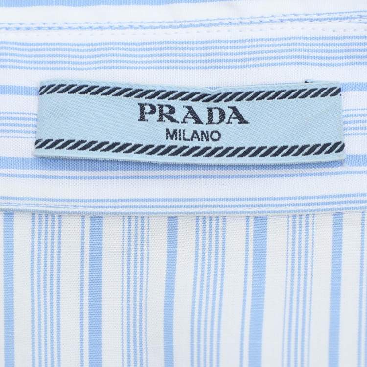 Pre Owned Prada Blue/White Striped Cotton Brocade Ruffle Detail Button Front Shirt M