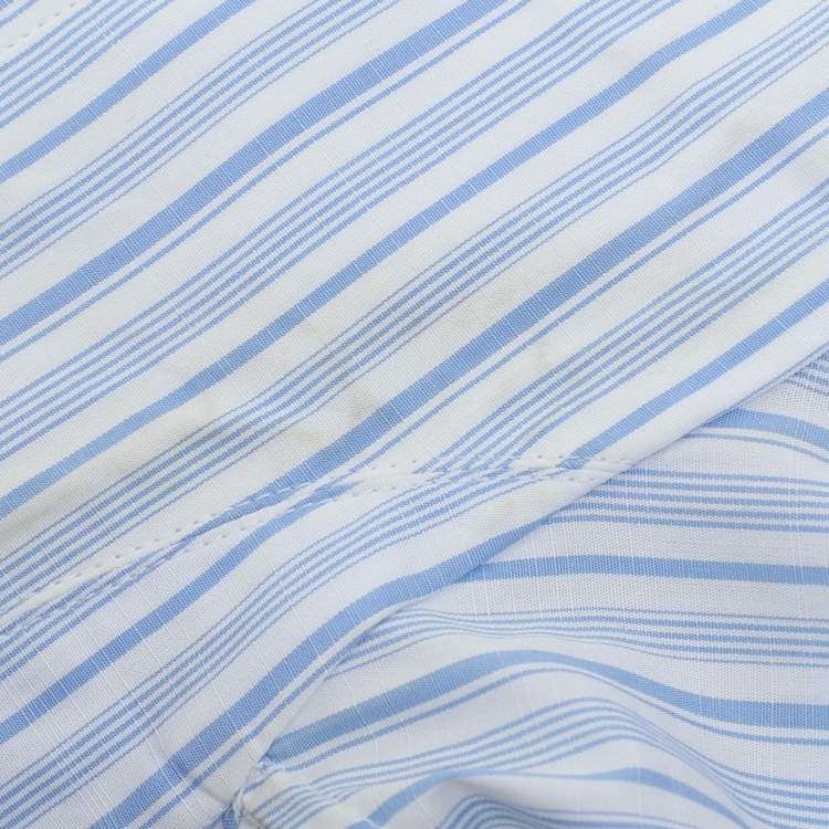 Pre Owned Prada Blue/White Striped Cotton Brocade Ruffle Detail Button Front Shirt M