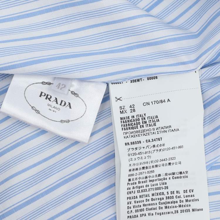 Pre Owned Prada Blue/White Striped Cotton Brocade Ruffle Detail Button Front Shirt M