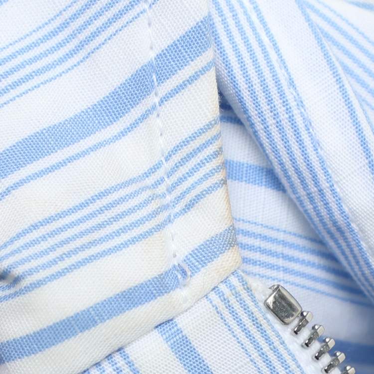 Pre Owned Prada Blue/White Striped Cotton Brocade Ruffle Detail Button Front Shirt M