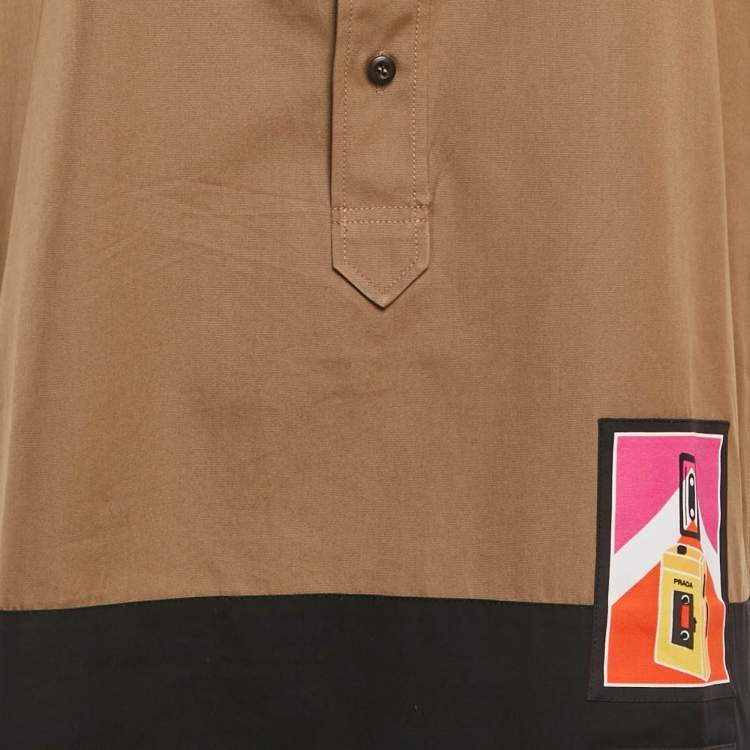 Pre Owned Prada Brown Khaki Cotton Applique Sleeveless Mini Dress M