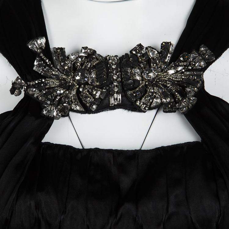 Pre Owned Prada Black Satin Neck Embellished Draped Ruffle Detail Sleeveless Gown M