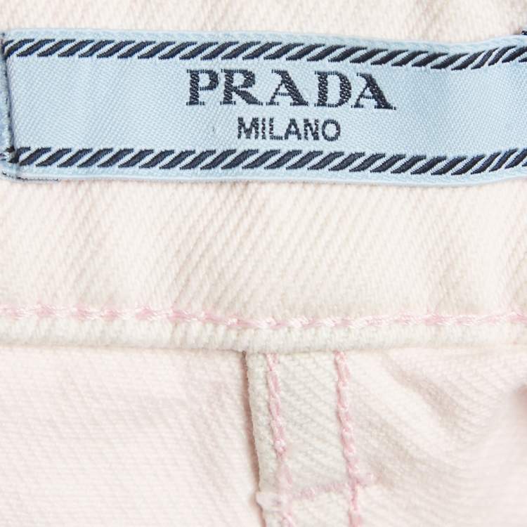 Pre Owned Prada Pink Denim Triangle Logo Detail Shorts S Waist 27"