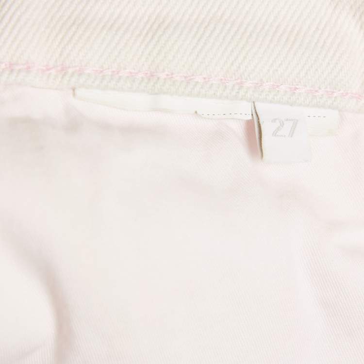 Pre Owned Prada Pink Denim Triangle Logo Detail Shorts S Waist 27"