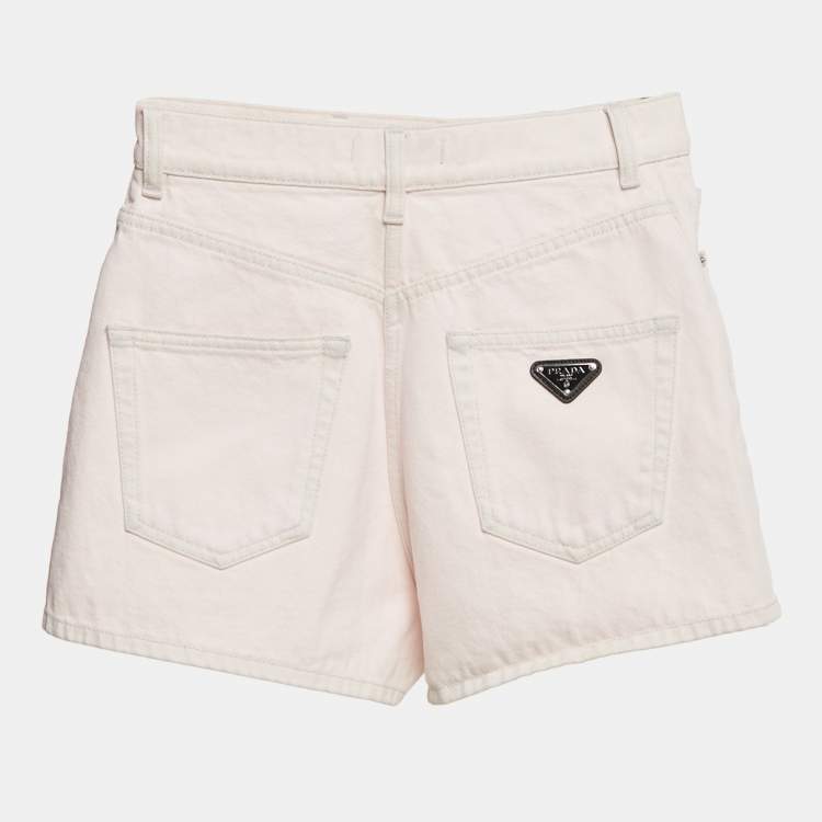 Pre Owned Prada Pink Denim Triangle Logo Detail Shorts S Waist 27"