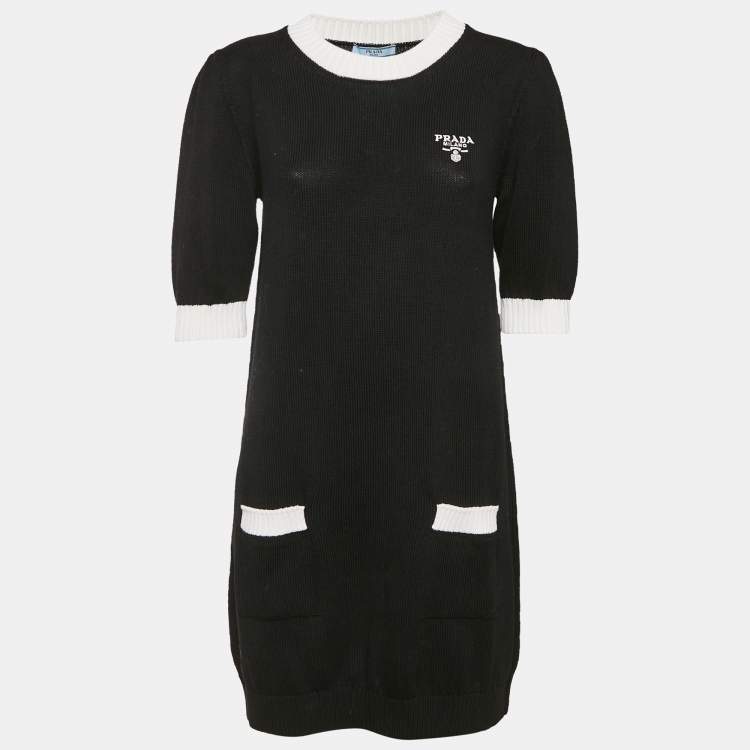 مملوكة مسبقًا Prada Black Cotton Knit Logo Embroidered Mini Dress M