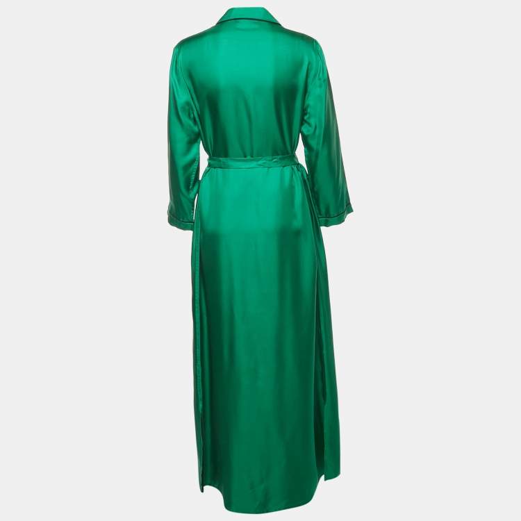 مملوكة مسبقًا Prada Green Satin Silk Button Front Belted Long Dress M
