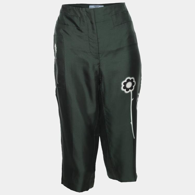 Pre Owned Prada Green Floral Silk Capri Pants M