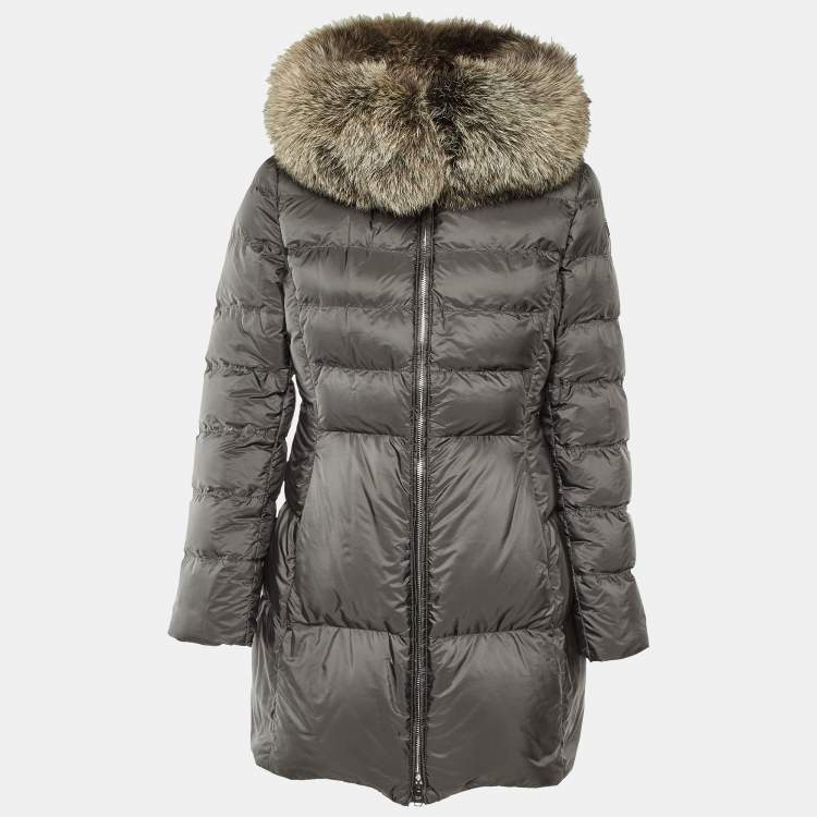 Pre Owned Prada Grey Nylon Fox Fur Trim Detail Quilted Down Jacket M
