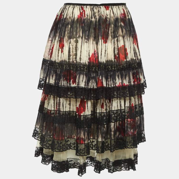 Pre Owned Prada Multicolor Floral Printed Cotton Lace Trim Tiered Mini Skirt L