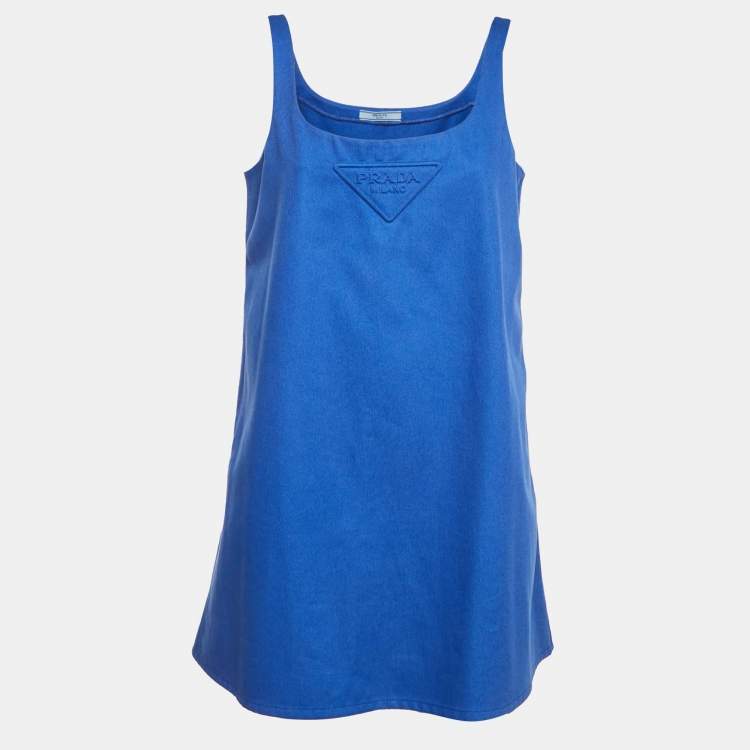 Pre Owned Prada Blue Logo Embossed Gabardine Shift Dress M