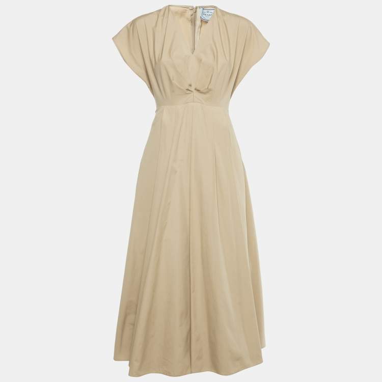 Pre Owned Prada Beige Cotton Pleated Midi Dress S