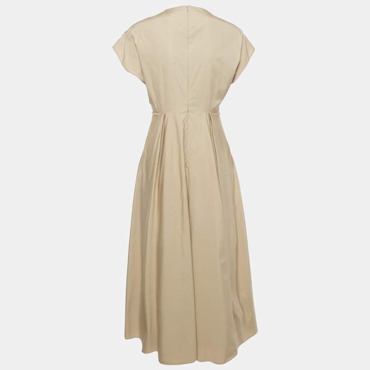 Pre Owned Prada Beige Cotton Pleated Midi Dress S