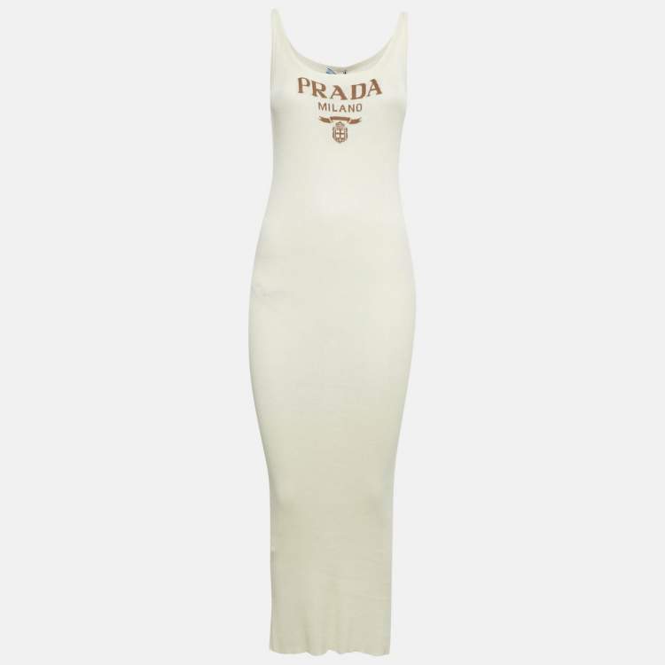 Pre Owned Prada Cream Logo Intarsia Rib Knit Midi Dress S