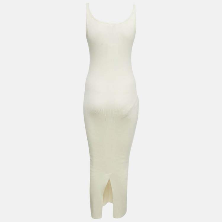 Pre Owned Prada Cream Logo Intarsia Rib Knit Midi Dress S