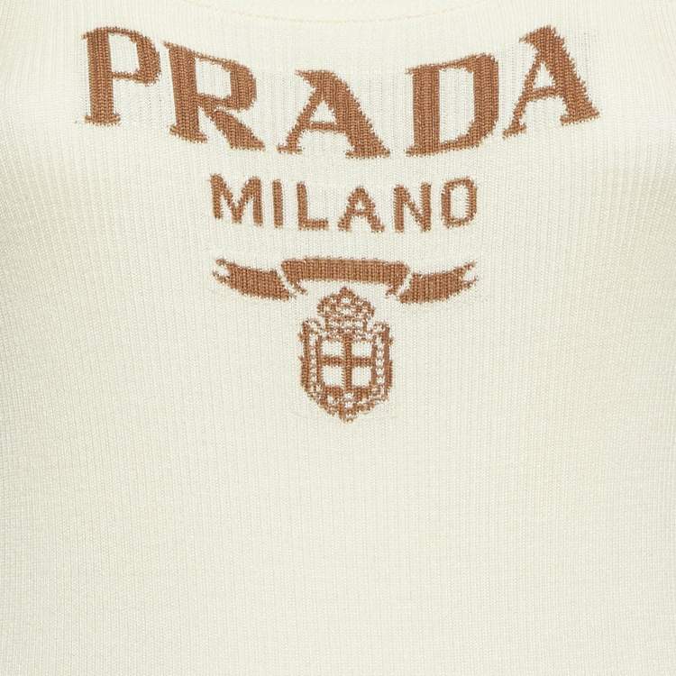 Pre Owned Prada Cream Logo Intarsia Rib Knit Midi Dress S