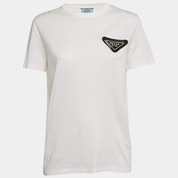 Pre Owned Prada White Triangle Rubber Logo Applique Cotton T-Shirt XS