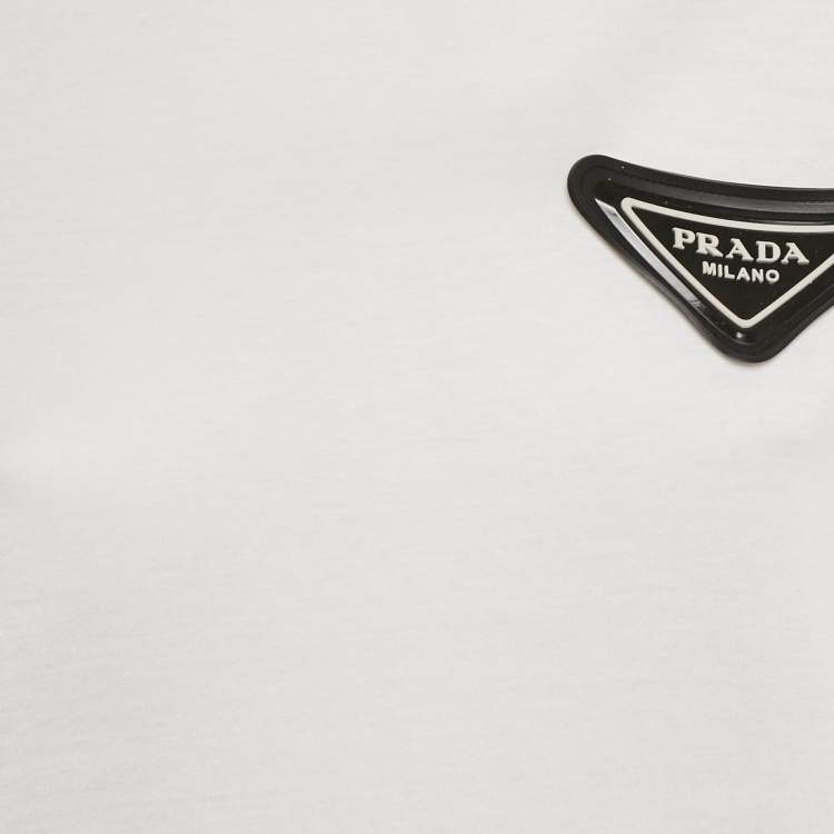 Pre Owned Prada White Triangle Rubber Logo Applique Cotton T-Shirt XS