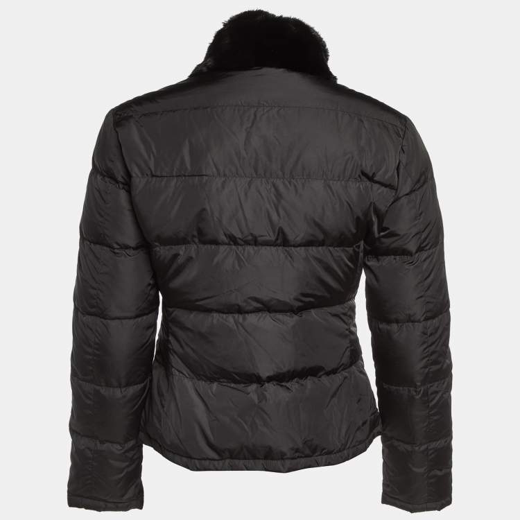 Pre Owned Prada Black Nylon Logo Applique Mink Fur Trim Puffer Jacket S