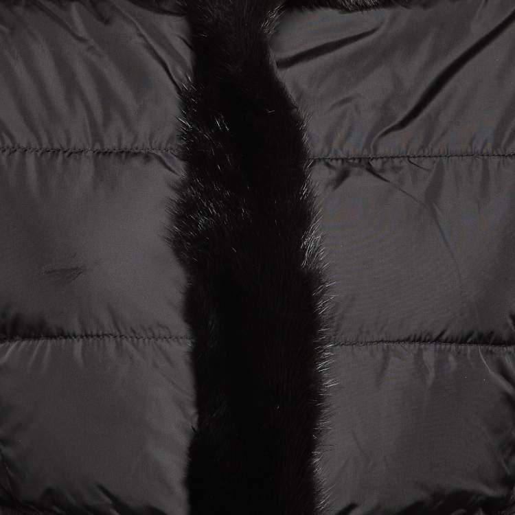 Pre Owned Prada Black Nylon Logo Applique Mink Fur Trim Puffer Jacket S