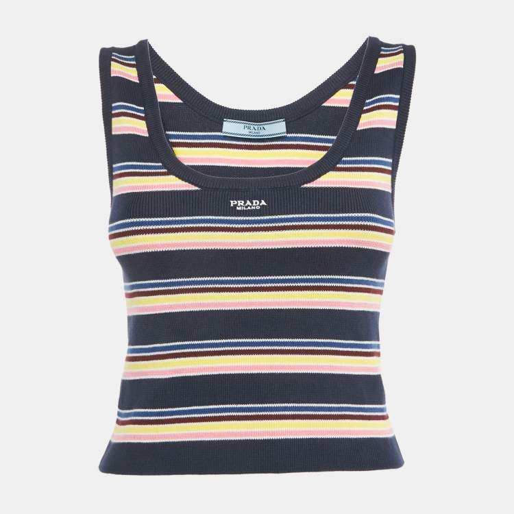 مملوكة مسبقًا Prada Navy Blue Striped Rib Knit Tank Top S