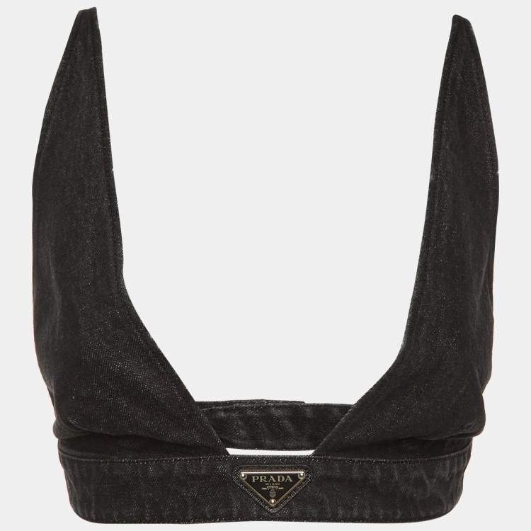 Pre Owned Prada Black Denim Logo Plaque Bralette M
